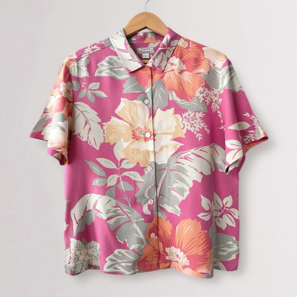 Y2K Tommy Bahama 100% Silk Camp Shirt L Hibiscus Coconut Girl Hawaiian Aloha